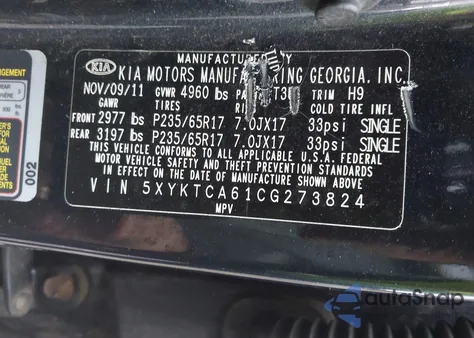 2012 Kia Sorento Lx из США, поврежденный, VIN 5XYKTCA61CG273824